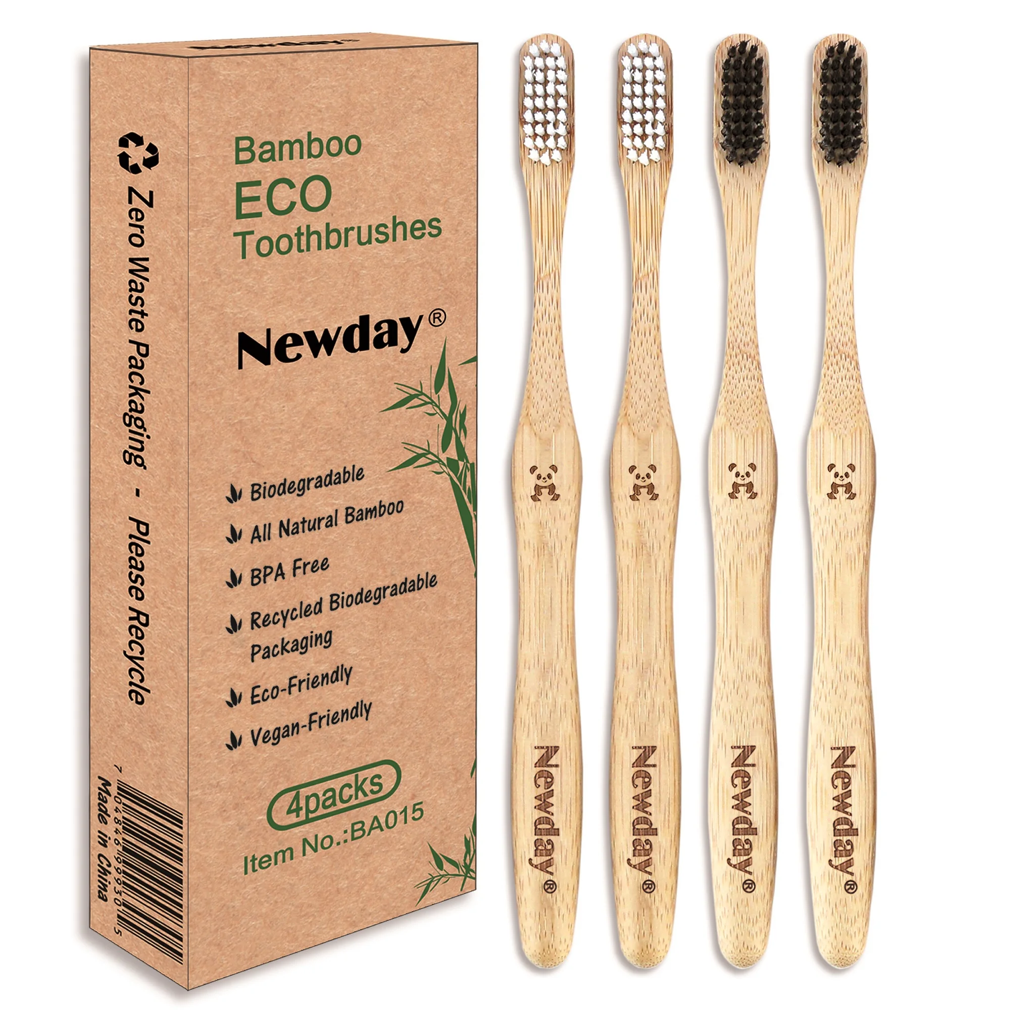 Newday Or Custom Logo Natural Bamboo Toothbrush Pack Of 4 Individually ...