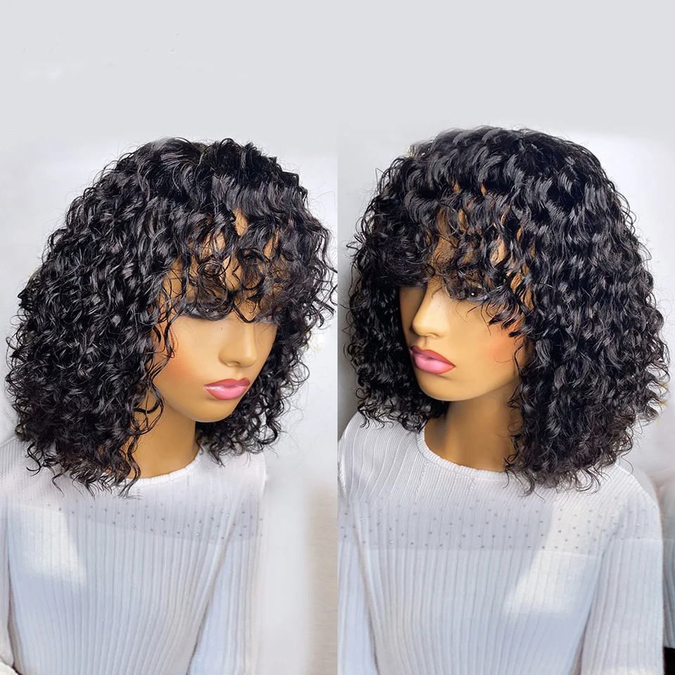 

Promotion Peruvian Water Wave Full Machine Made Human Hair Wigs With Bangs for Black Women Remy Pixie Cut Bob Wig