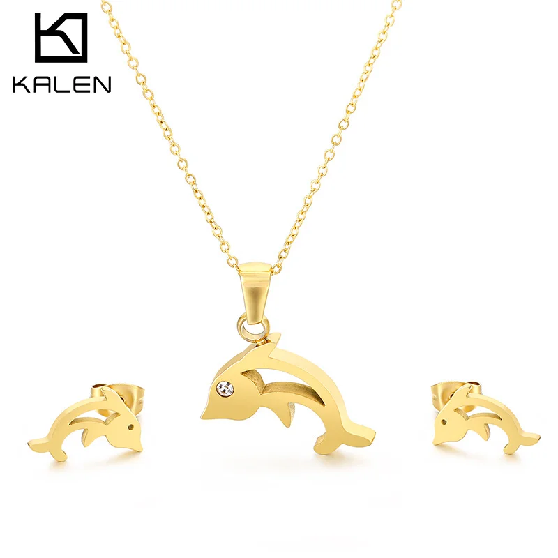 

Wholesale Custom Stainless Steel Wedding Jewelry Set Luxury Dolphin Animal Necklace Jewelry, Gold,sliver