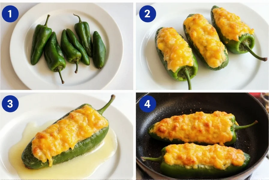 Step-by-step preparation of chili relleno showing roasting poblanos, stuffing with cheese, coating in egg batter, and frying in skillet