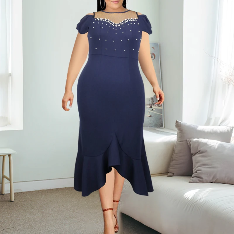 

2021 Fall Trendy Mesh Ruffles Irregular Beaded Mermaid Women Evening Dress
