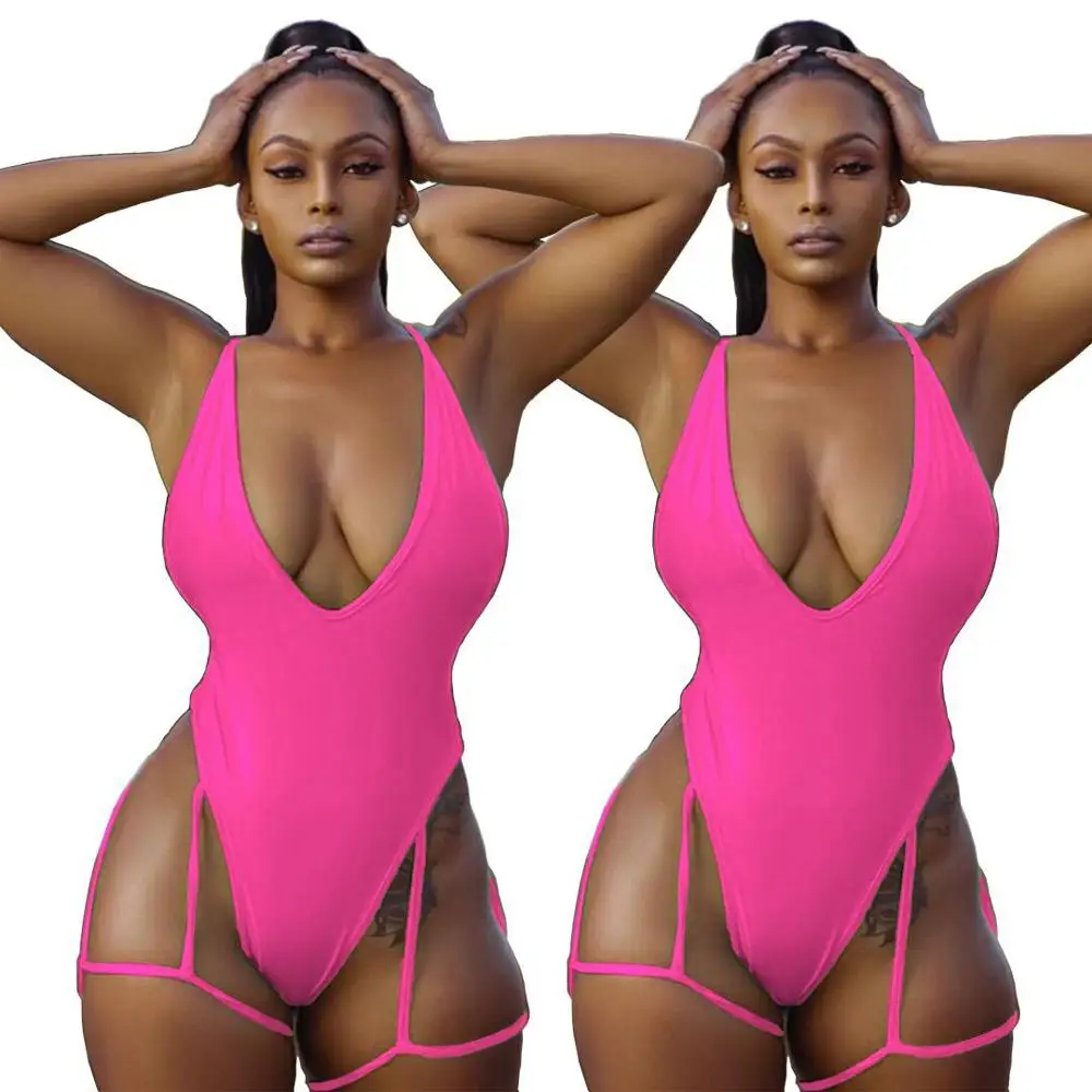 

2021 New arrival sexy deep V solid swimwear jumpsuit summer biniki