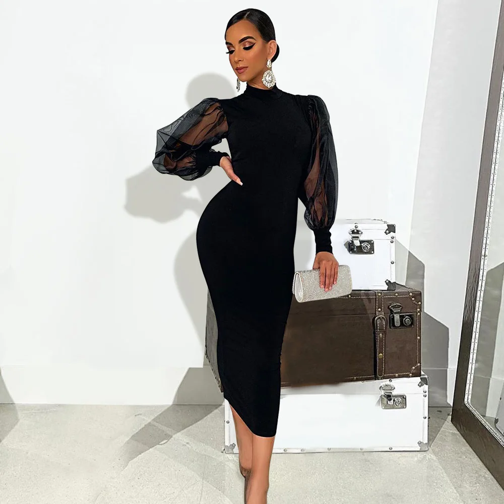 

Elegant Casual Ladies Little Black Slim Dress Mesh Larten Long Sleeve Below the Knee Dress Classy Women Dinner Dresses