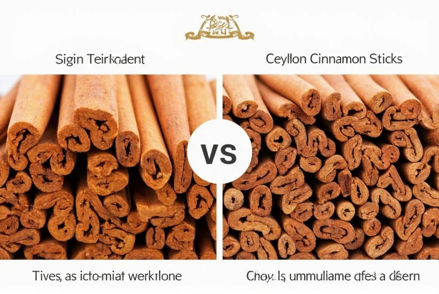 Close-up comparison of Saigon cinnamon sticks versus Ceylon cinnamon sticks showing thickness and color differences