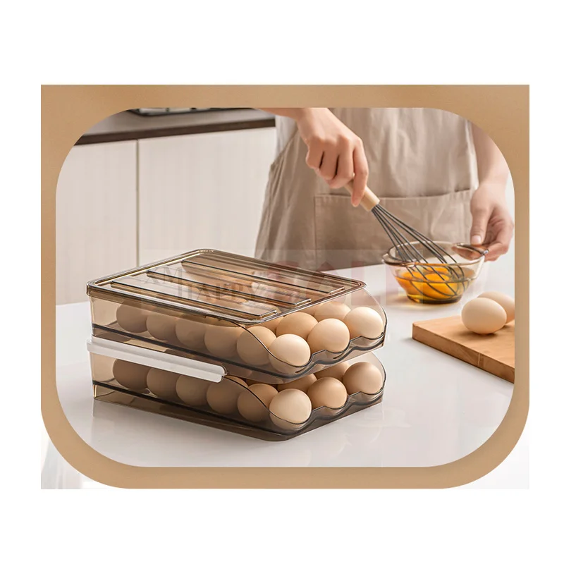 

New Type Automatic Rolling 2 Layers Kitchen Refrigerator Fresh Keeping Storage Slide Type Egg Box, Transparent+tea color