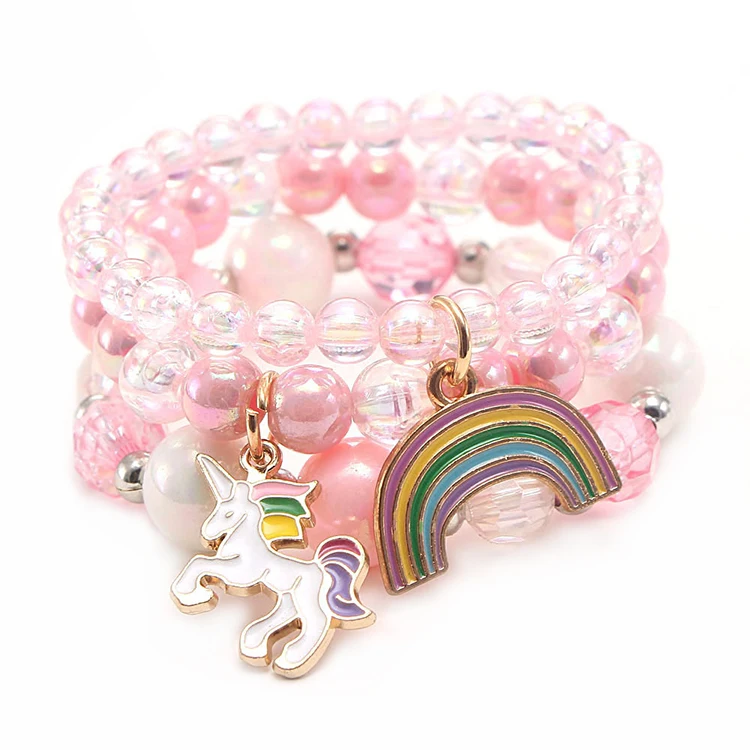 

Custom 2021 Kids Rainbow bracelet pearl Unicorn bracelet charm for Girl Bracelet pendants, 3colors