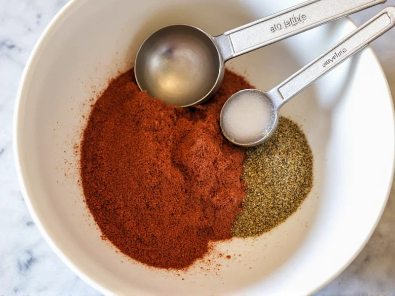 Homemade meatloaf spice blend mixing in ceramic bowl with measuring spoons