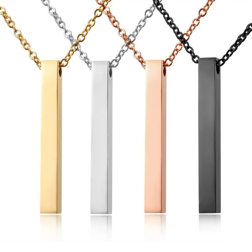 

Wholesale Custom Non Tarnish Free Waterproof Jewelry PVD 18K Gold Plated Stainless Steel Engraved Blank Vertical Bar Necklace, As picture