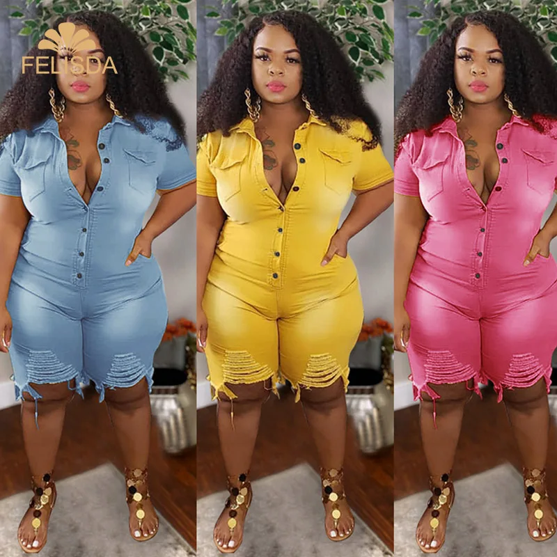 

Plus Size Clothing Jeans Jumpsuits Women S-5XL Short Sleeve Bodysuit Ripped Denim Shorts One Piece Jumpsuits 2021