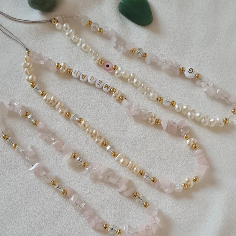 

Personalized Rose Quartz Phone Strap, Healing Crystal Phone Charm, Pearl Beaded Phone Strap, As picture