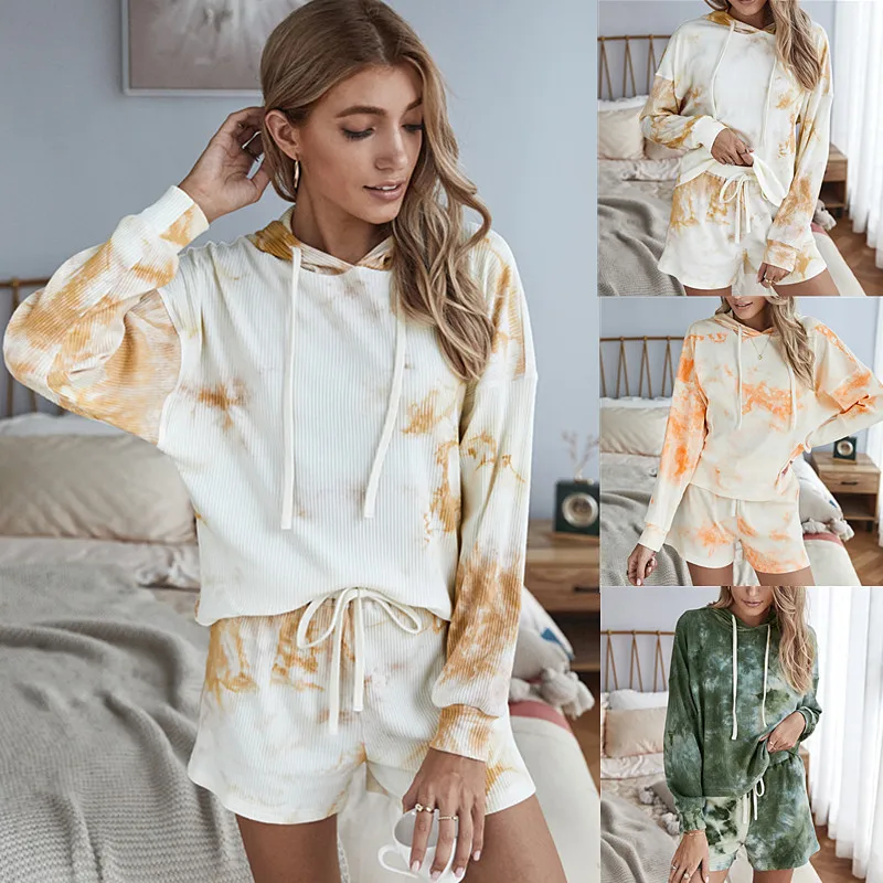 

Lounge Wear Hoodies Sweatshirts Set Loose Rib Knit Tie-dye 2 Piece Women Sets, Army green, apricot, orange