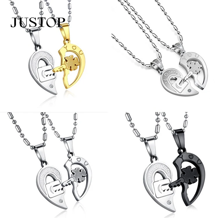 

Hot Selling Wholesale Fashion Mens Womens CZ 316L Stainless Steel Locket And Key Couple Necklace Couple Heart Necklace