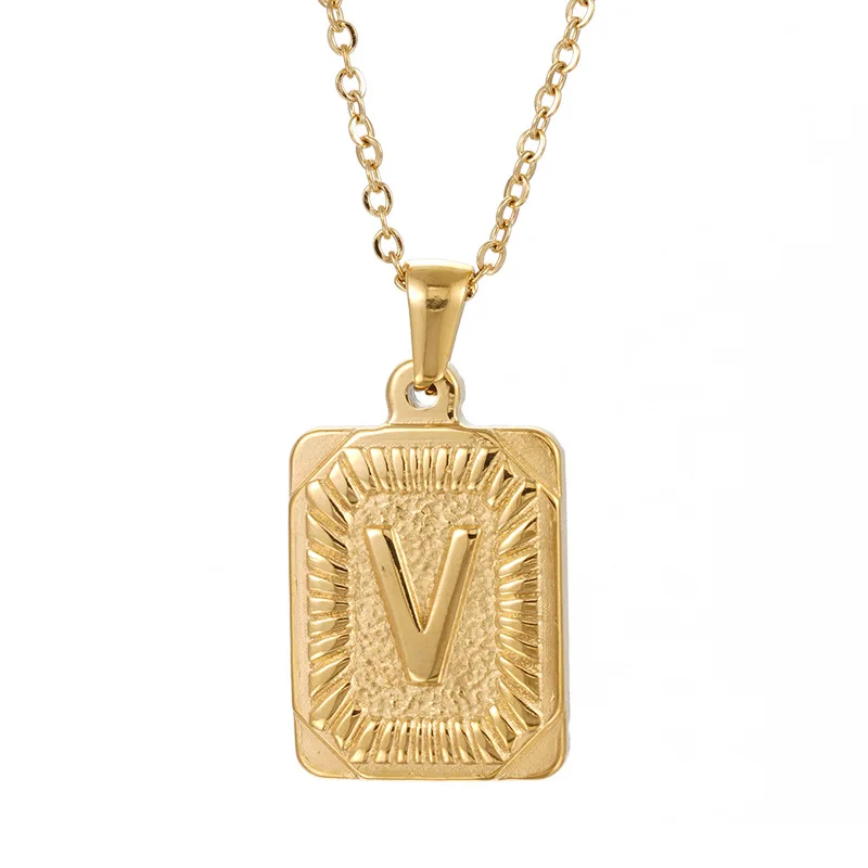 

Hot Sale Necklace Gold Initial Engraved Necklace Personalized Stainless Steel Geometric Square Letter Pendant Necklaces For Men, 18k gold