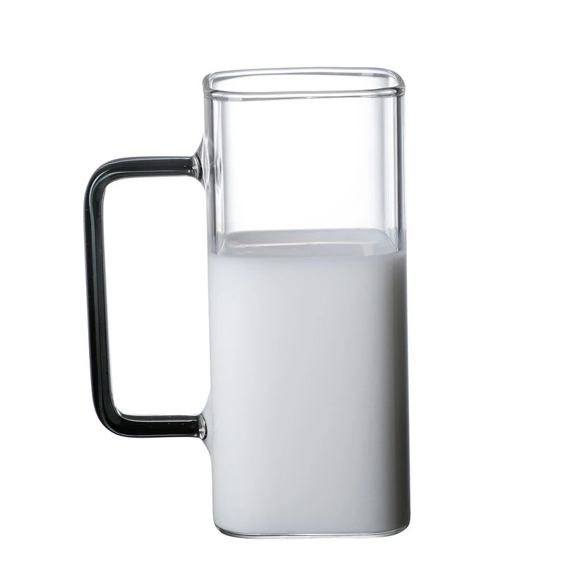 

OEM Factory Wholesale Square Milk Tea Glass Cup Square Tea Cup with Handle Water Glass Cup Double Wall Glass Mugs, Transparent clear