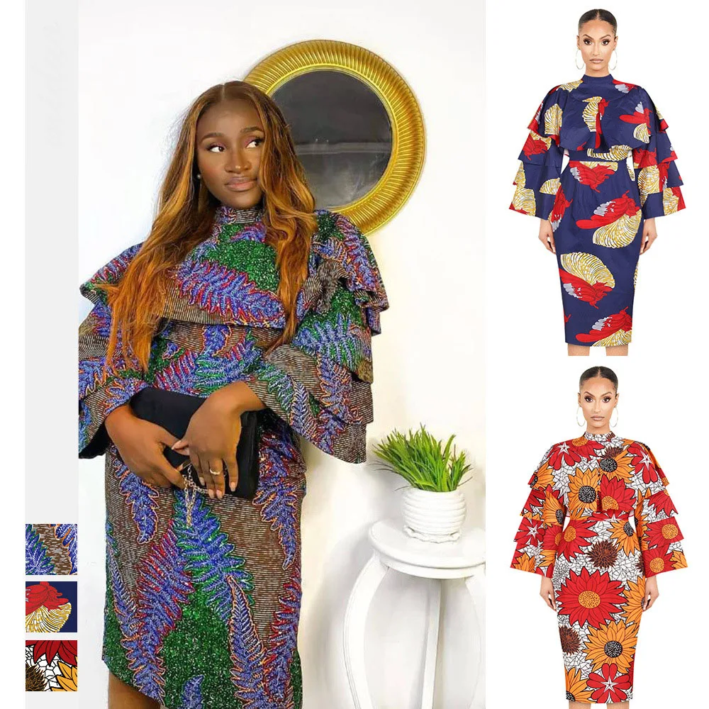 

Fashion African Women Digital Print Party Styles Dress High Neck Zipper Ruffle Sleeves African Ankara Dresses