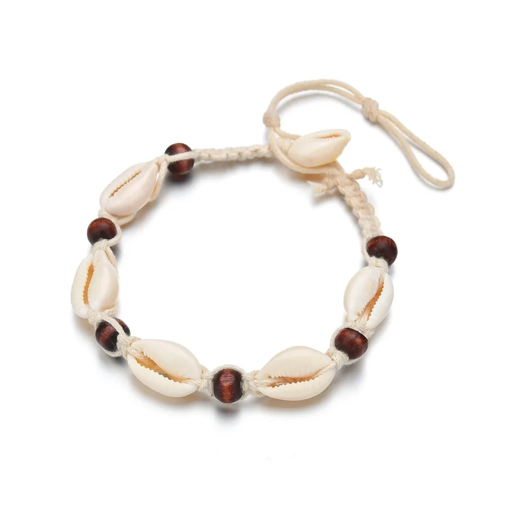 

Boho Beach Style Handmade Braided Rope Wooden Beads Seashell Anklet Adjustable Natural Cowrie Shell Anklet