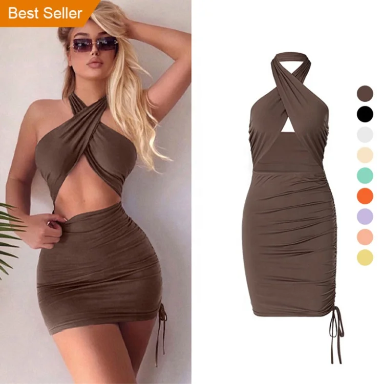 

ZP-003 Amazon 2022 new spring casual chaiv new women's sexy solid color pleated open back neck hollowed out bodycon dress