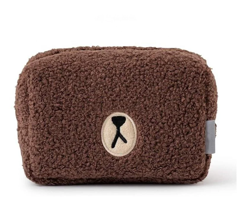 

Wholesale Cute Brown Embroidery Chenille Logo Branded Berber Fleece Cosmetic Bag