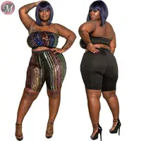 

D910020 lowest price striped sequin tube top shorts clubwear Sets Women Clothing Plus Size