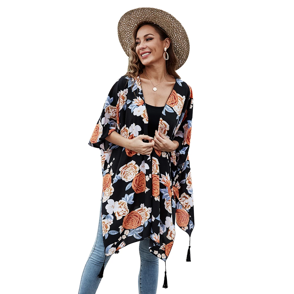 

High quality floral print kimono with lace women fashion flower print factory spring kimono poncho shawl, Colors