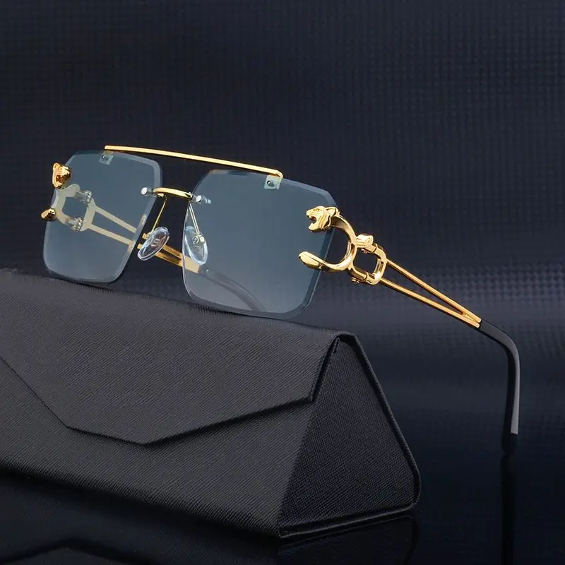 

LBAshades 7547 Retro Metal Rimless sunglasses for men fashionable cheetah cut edge sunglasses for women custom shades