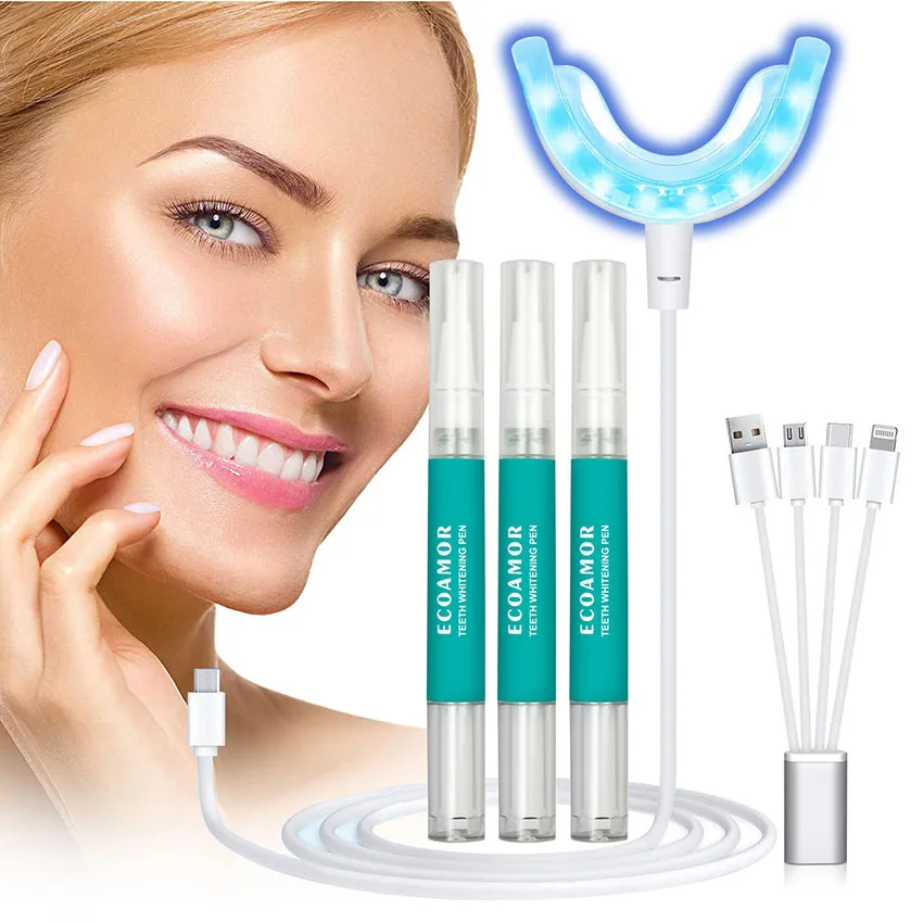 

ECOAMOR Portable Private Label Portable Mouth Guard Kit Blue Led Light Teeth Whitening, White
