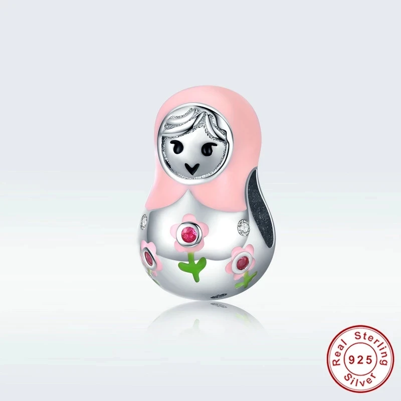 

fit Europe Bracelet Matryoshka Charms Silver 925 Original Pink Enamel Flower Scarf Wrapped Little Girl Beads for Jewelry Making