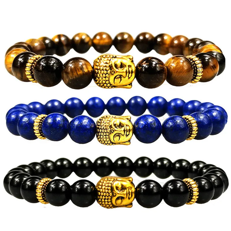 

Amazon Hot Sale Tiger Eye Stone Beaded Bracelet Elastic Adjustable Gemstone Buddha Charm Bracelet Black Agate Beads Bracelet