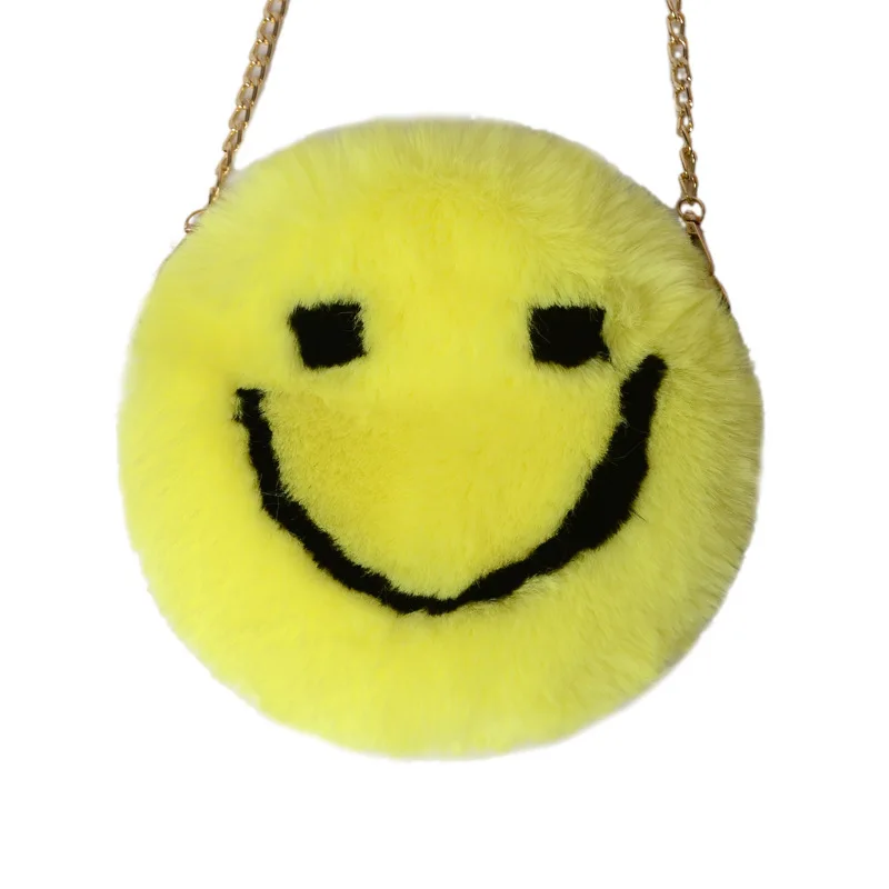 

free ship Fashion Smiling Face Plush One-shoulder Chain Slanting Across The Plush Bag Lady Mini-Change Cosmetics Faux Fur Bags