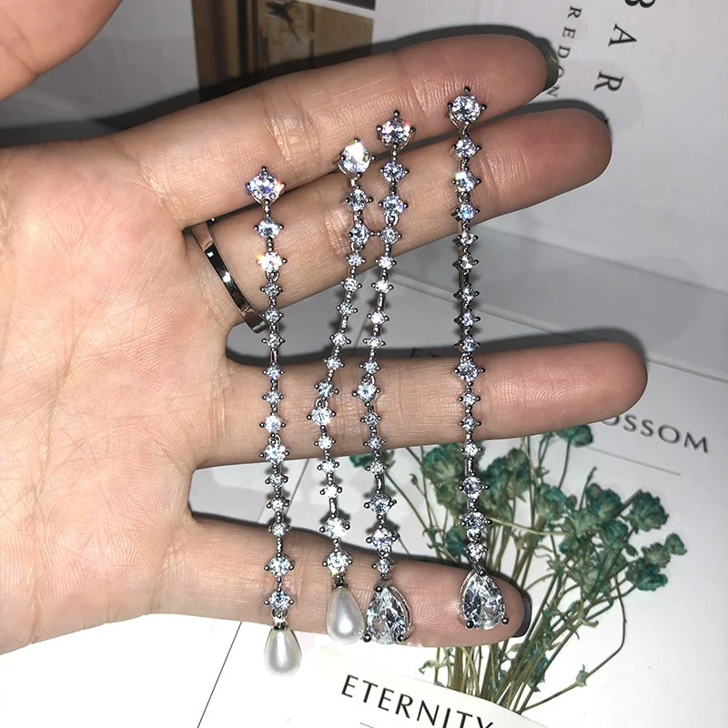 

Delicate Shiny Water Drop Zircon Long Dangle Earrings Fashion Pearl Drop Earrings for Women Wedding Engagement Jewelry