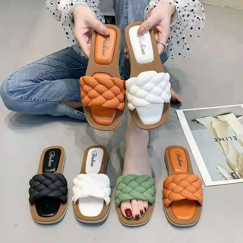 

New Style Plaid Flat Bottom Beach Slippers Fashion Casual Slides Candy Color Women's Slippers