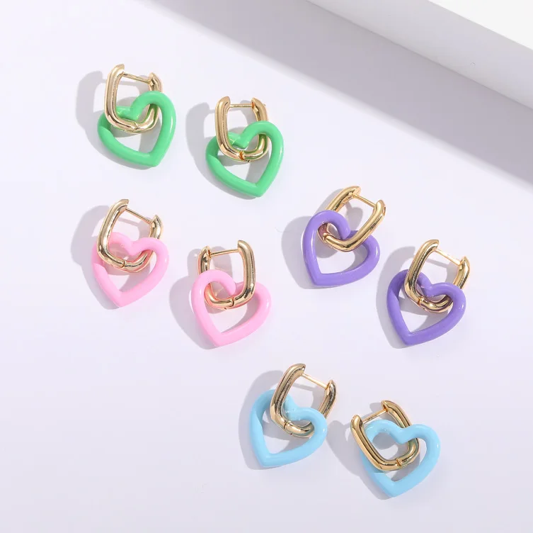 

All-match Enamel Heart Shape Drop Earrings Candy Colors Love Heart Square Hoop Earrings for Women Gold Plated Trendy Copper N/A