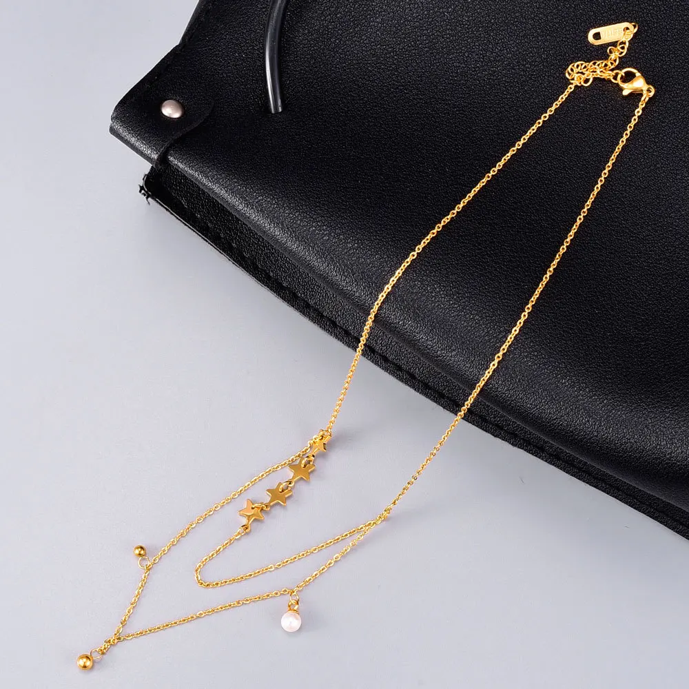 

Amazon Hot Sale 18k Gold Plating 316L Titanium Steel Star Pendant Necklace Multi Layer Solid Ball Pearl Necklace