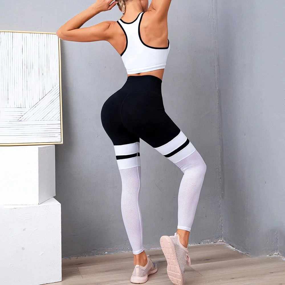 

VOOGUE Contrast Color Mesh Stitching Yoga Two-piece Suit Sport Bra+Leggings Suits Sport Design Fitness Pants For Women, Shown