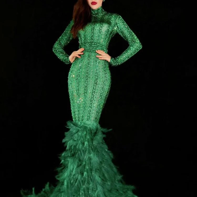 

Top Quality DJ DS Show High Elastic Sexy Women Long Sleeve Green Full Rhinestones Costume Feather Elegant Night Evening Party