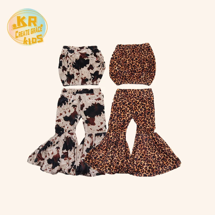 

wholesale Cow Pattern Fashion Baby Girls Bell Bottom Pants Ruffle Romper Casual Flare Bottoms 2 Pcs Clothing Sets