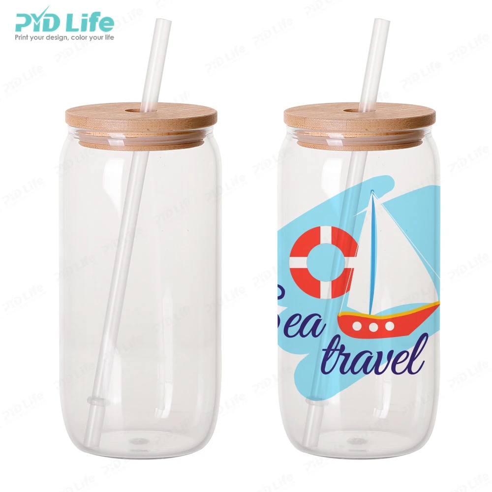 

PYD Life 18 oz Blanks Soda Clear Cups Tumbler Beer Sublimation Glass Can with Bamboo Lid and Straw