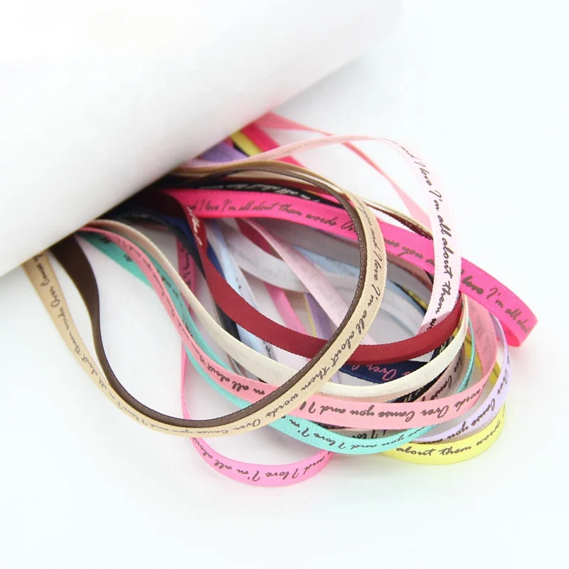 

Factory Custom Small Size Printed Black Logo Polyester Ribbon Decoration Colored Satin Ribbon