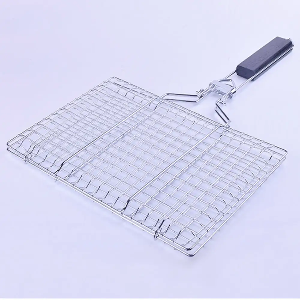 32 * 24.5 BBQ Wire Mesh Grilling Basket Folding Portable Stainless Steel BBQ Grill Basket for Fish Vegetables Shrimp with Removable Wooden Handle 