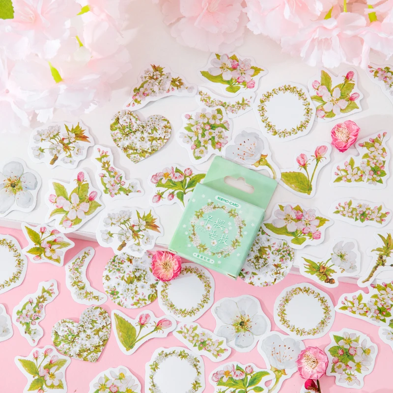 

46 Pieces Box-Packed Stickers Early Cherry Vertical Branches Fresh Plant Flowers Journal Diary Material Sealing Paste