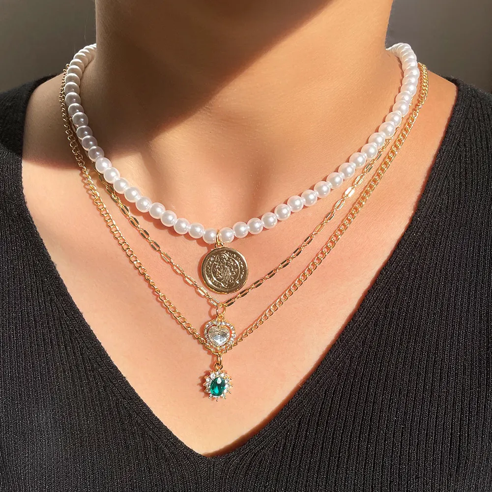 

New Hot Shiny Crystal Rhinestone Heart Pendants Multi Layer Chain Dainty Elegant White Pearl Choker Necklaces For Women Girls, Gold color