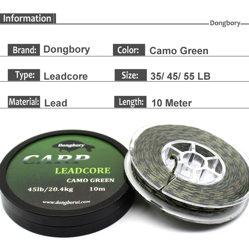 10m Carp Fishing Line Leadcore 35 45 55lb Camo Green Leader Lead Core