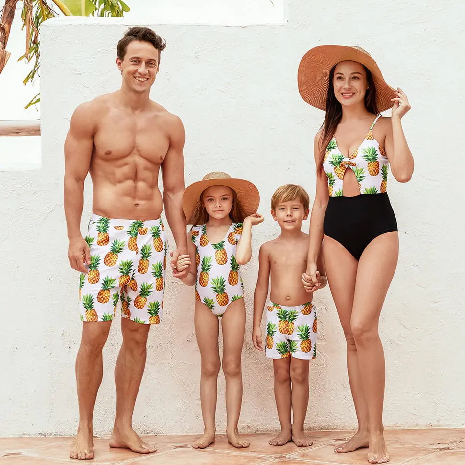 

Custom Mom Dad And Twin Boy Girl Beachwear Knot Decor Allover Pineapple Print Bikini Family Bathing Suite Matching Swimsuits, Yellow