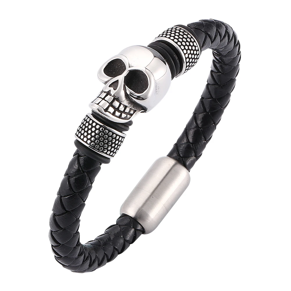 

Men Black Braided Leather Skull Bracelet Skeleton Stainless Steel Magnetic Buckle Wristband Male Bangle Gift SP0057