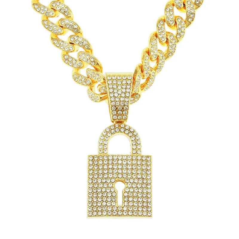 

NC-0632 Creative Diamond Lock Pendant Wide Chain Necklace Hot Hiphop Accessories Silver Gold Plated Fashion Pendant Necklace, Mix