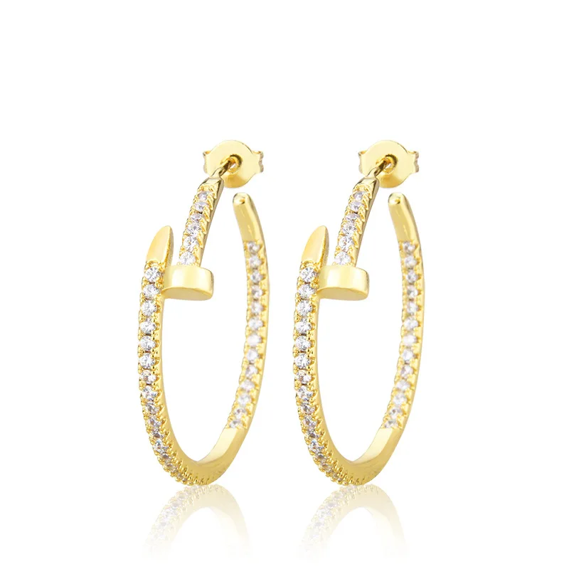 

Exquisite Micro Pave Zirconia Nail Earrings 18k Gold Plated Zircon CZ Nail Shape Hoop Earrings, Picture shows