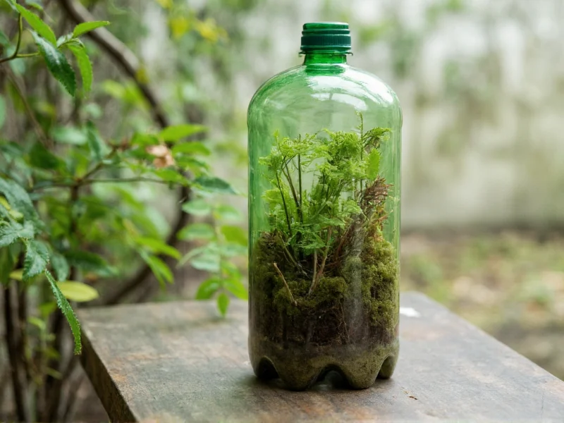 Vertical terrarium in repurposed plastic bottle with moss and ferns