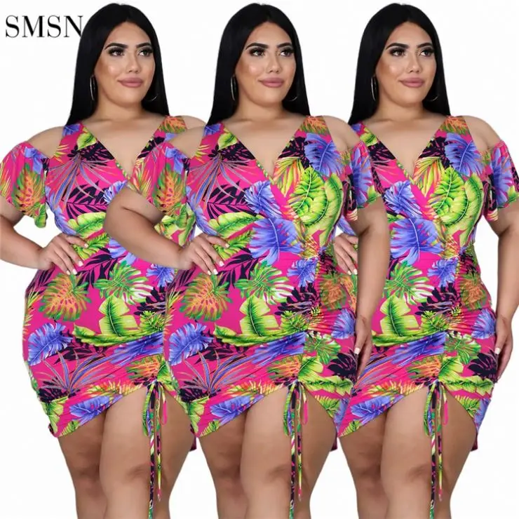 

SMSN QueenMoen High Quality Casual V Neck Hollow Out Sleeve Drawstring Folds Floral Women Sexy Dress Plus Size Dress & Skirts