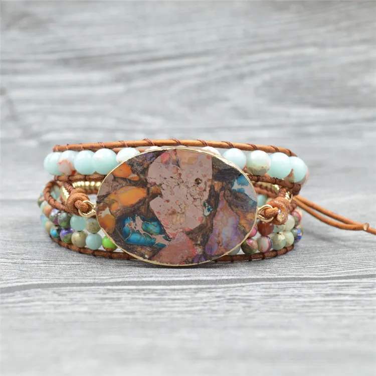 

Fashion Natural Stone Layered Bead Bracelet Druzy Beaded Wrap Bracelet Leather, Picture
