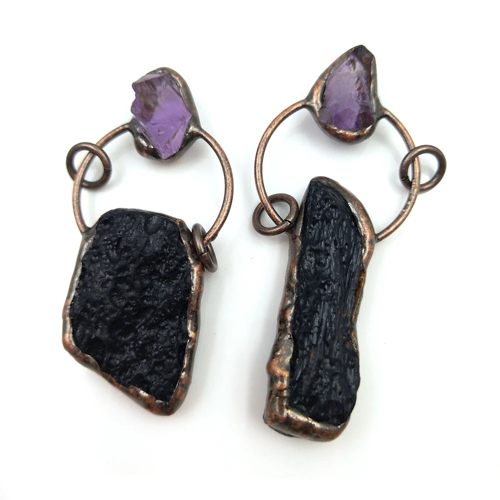 

Finding jewelry natural rough aphrizite making connector gemstone necklace diy black tourmaline pendant with little amethyst, Multi